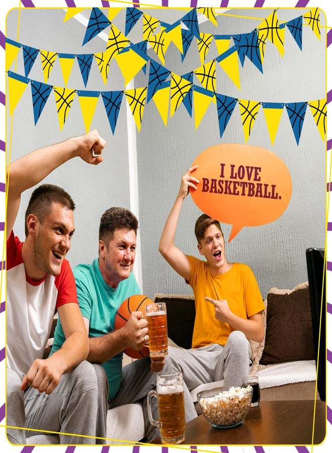 Tosstuki 5 Pcs Basketball Birthday Banners Basketball Themed Party Decorations Sports Triangle Pennant Banners Hanging Garland for Men Sports Lover Birthday Party Supplies(Yellow,Dark Blue) - Image 5